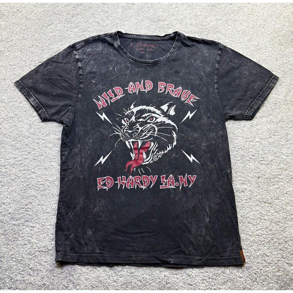 Ed Hardy Wild and Brave Panther Acid Wash Graphic T-Shirt Women's Size Large L